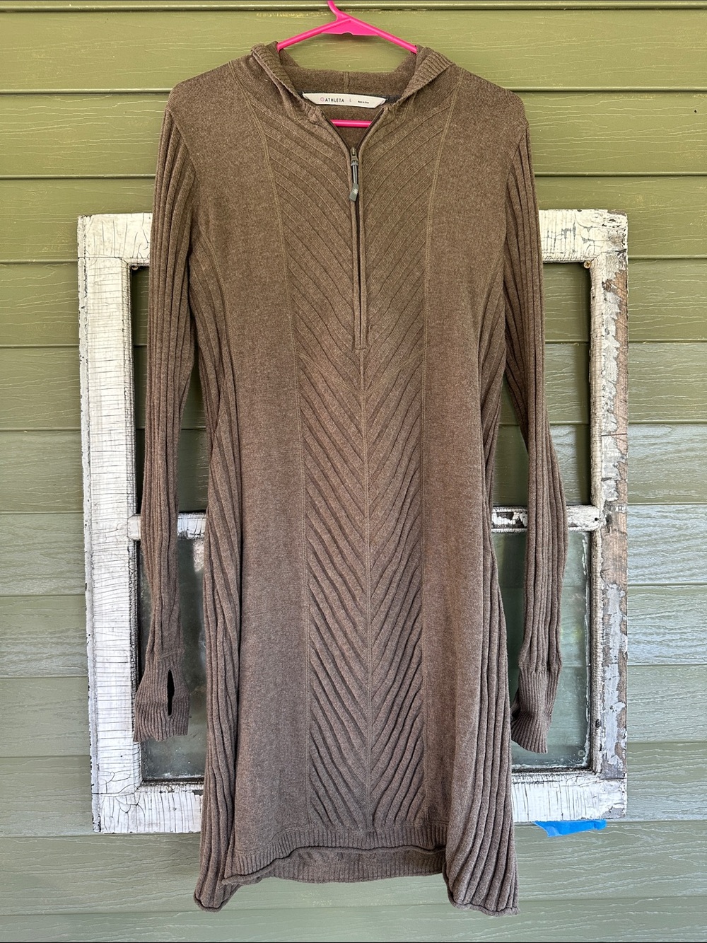 Athleta Brown Hooded Half-Zip Tunic Sweater Dress